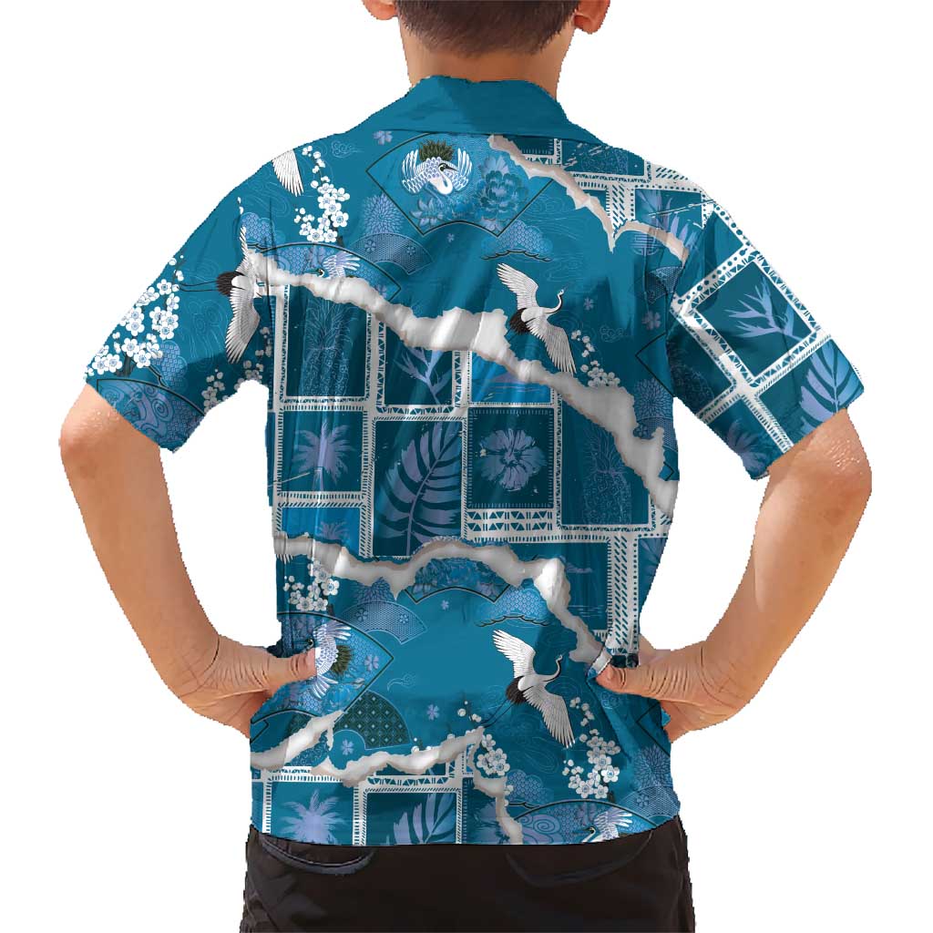 Hawaii Japanese Culture Blue Hawaiian Shirt Spring Cranes Aloha Pattern