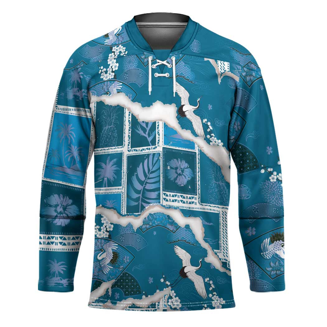 Hawaii Japanese Culture Blue Hockey Jersey Spring Cranes Aloha Pattern