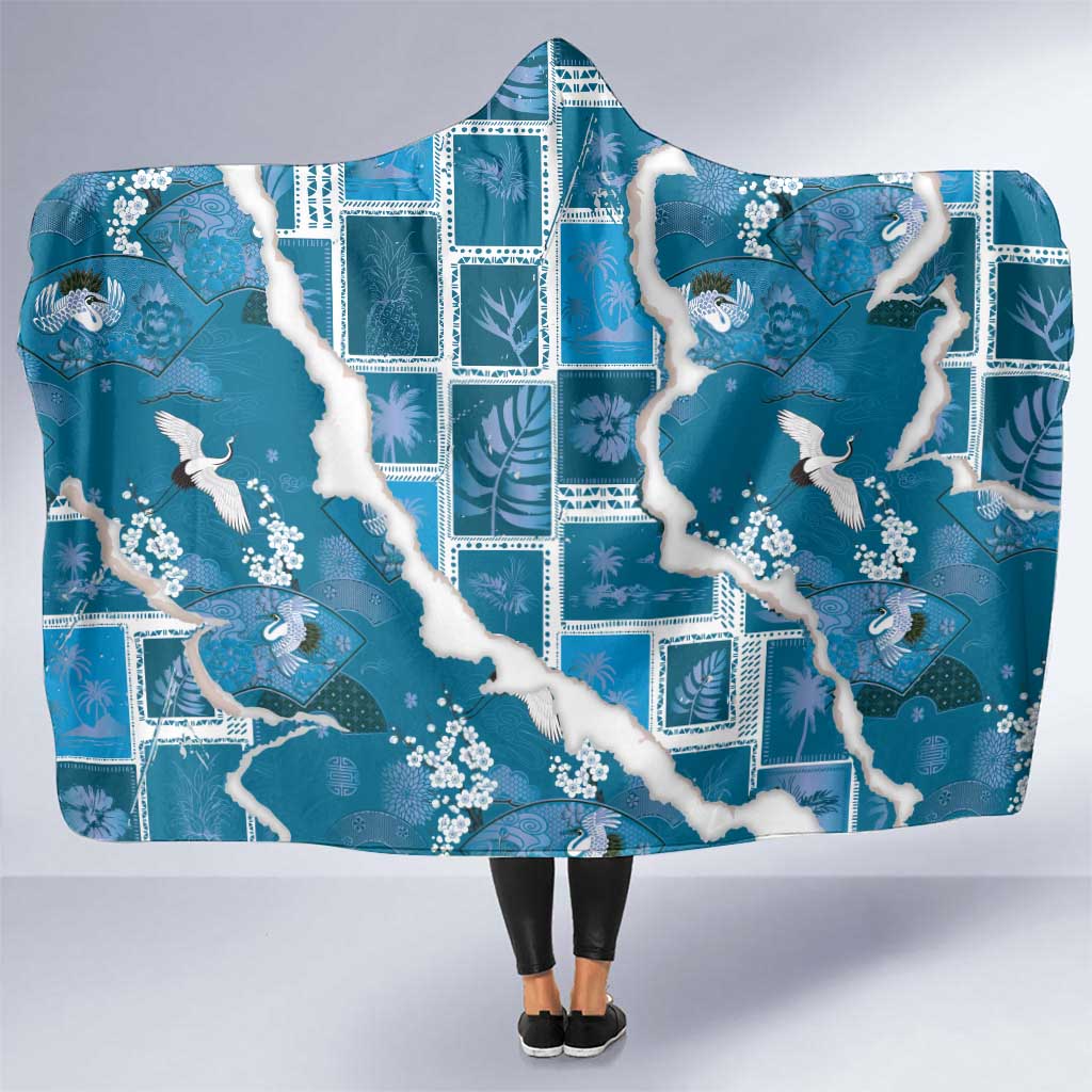 Hawaii Japanese Culture Blue Hooded Blanket Spring Cranes Aloha Pattern