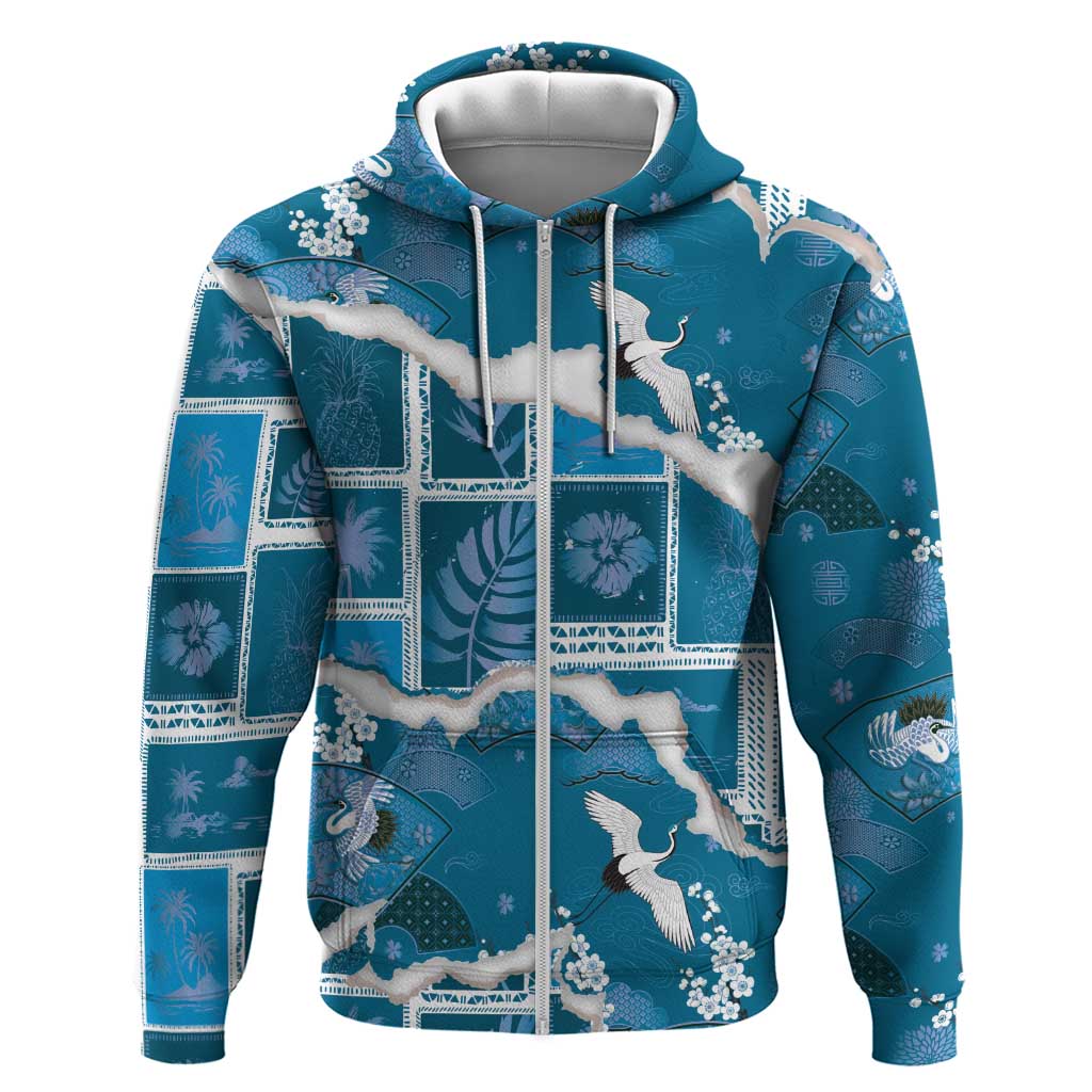 Hawaii Japanese Culture Blue Hoodie Spring Cranes Aloha Pattern
