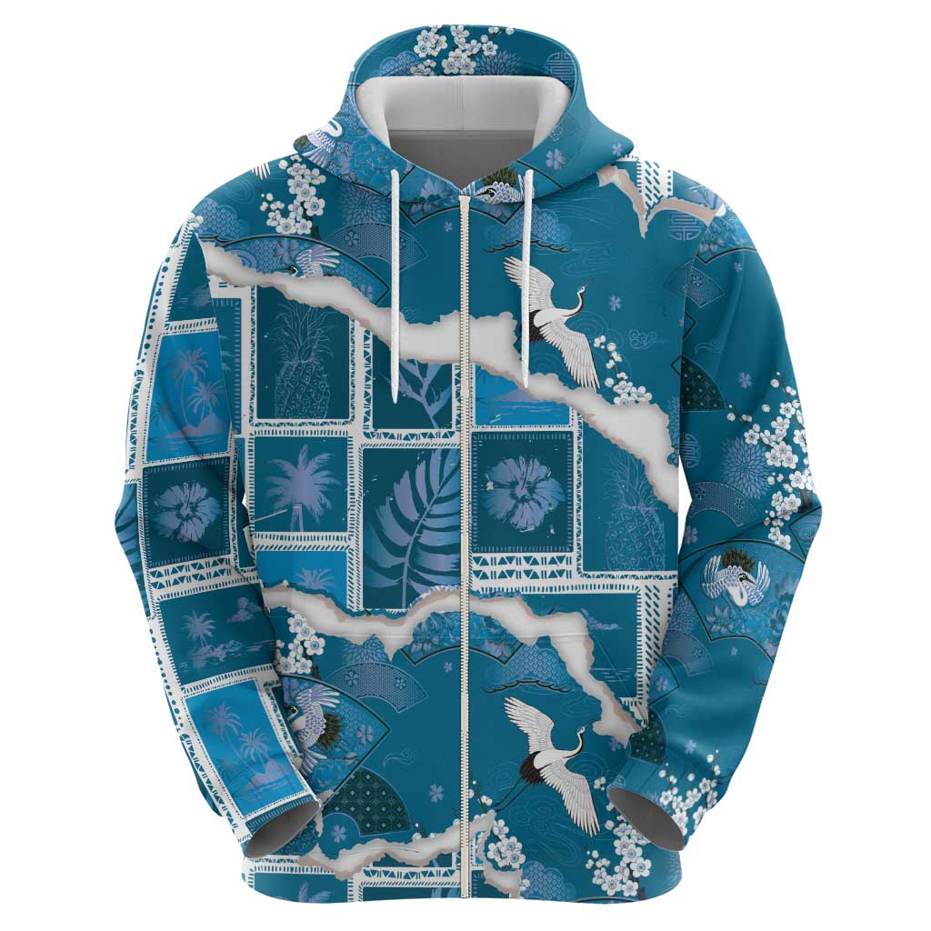 Hawaii Japanese Culture Blue Hoodie Spring Cranes Aloha Pattern