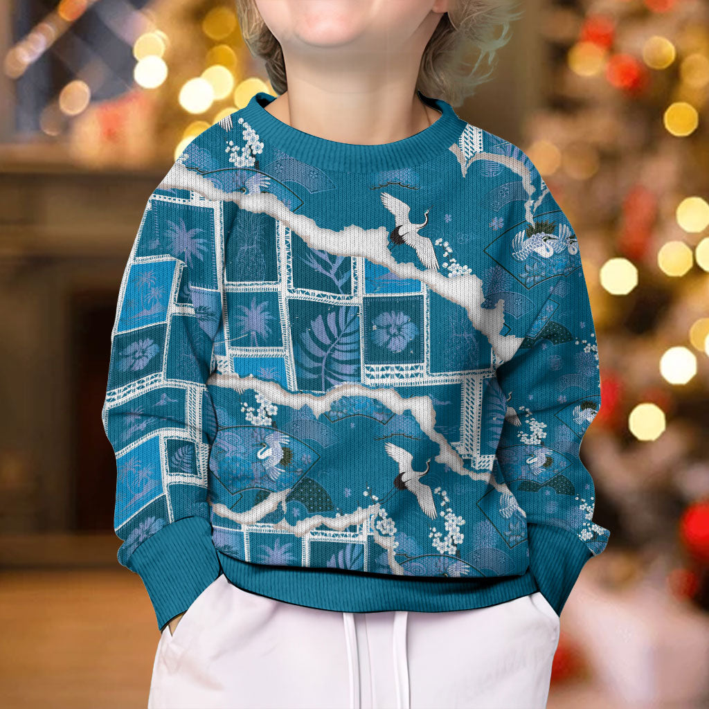 Hawaii Japanese Culture Blue Kid Ugly Christmas Sweater Spring Cranes Aloha Pattern LT01 - Polynesian Pride