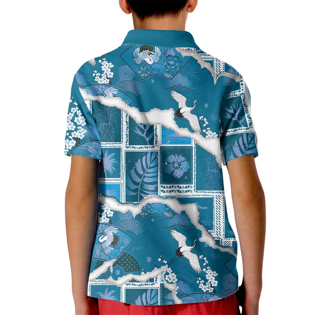 Hawaii Japanese Culture Blue Kid Polo Shirt Spring Cranes Aloha Pattern
