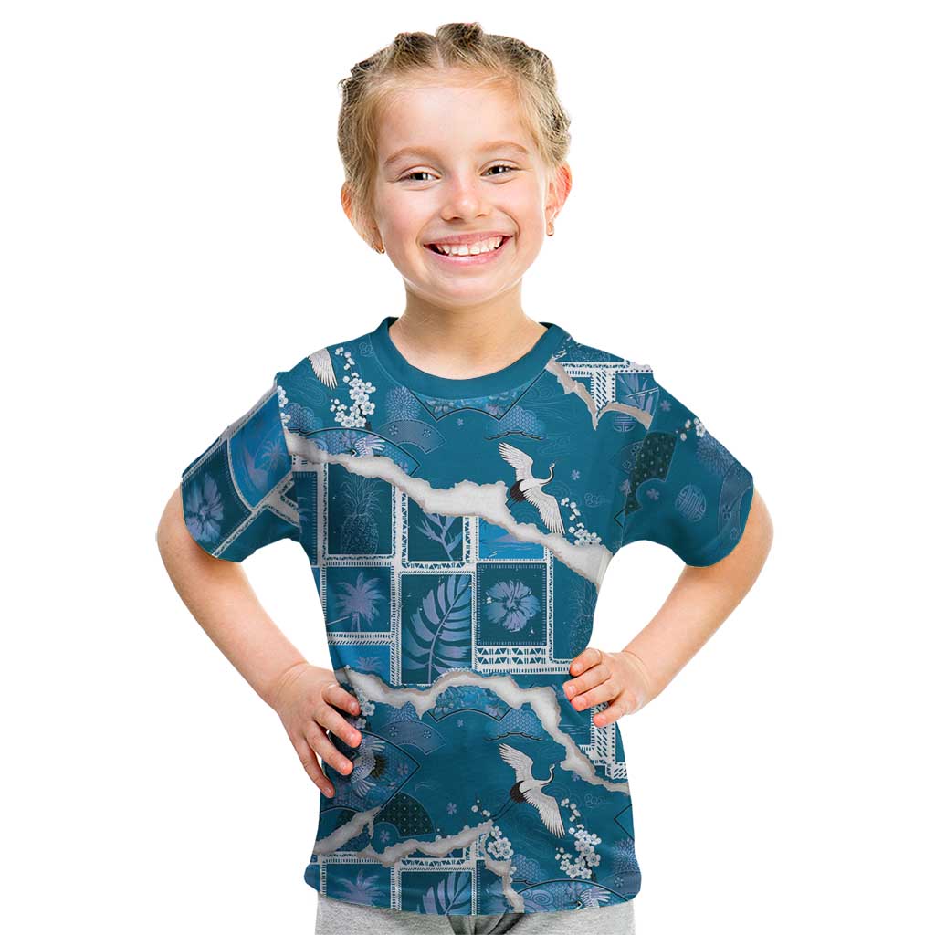 Hawaii Japanese Culture Blue Kid T Shirt Spring Cranes Aloha Pattern