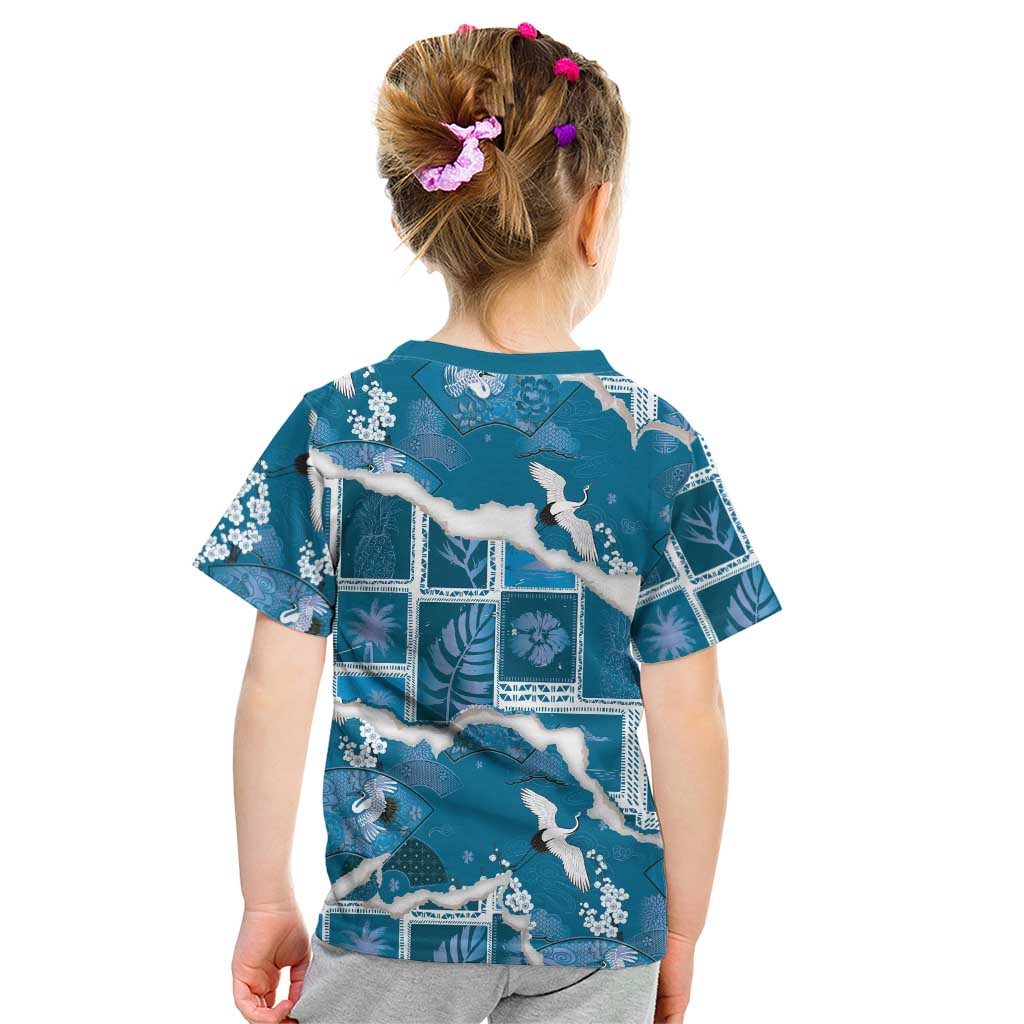 Hawaii Japanese Culture Blue Kid T Shirt Spring Cranes Aloha Pattern