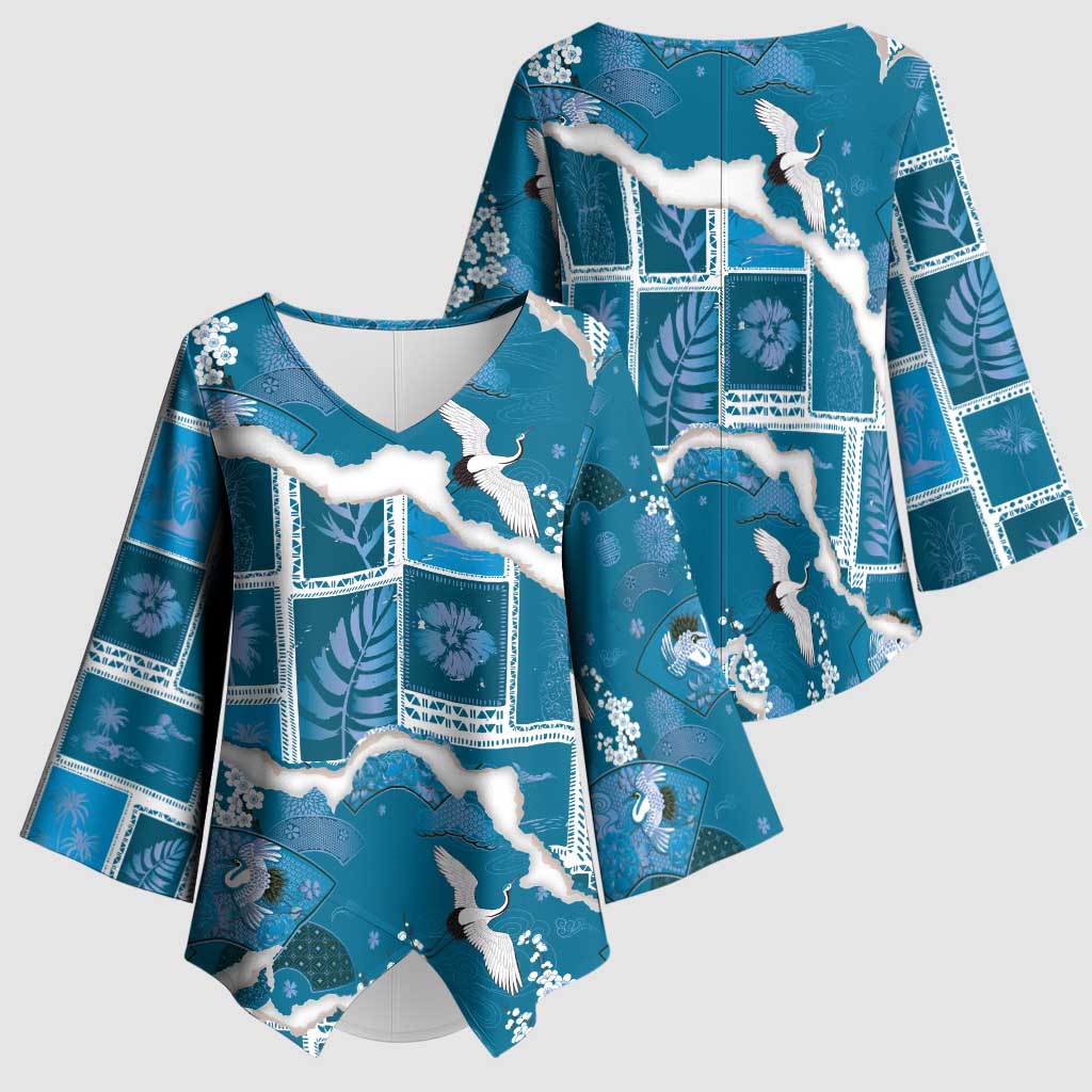 Hawaii Japanese Culture Blue Kimono Sleeve Blouse Spring Cranes Aloha Pattern