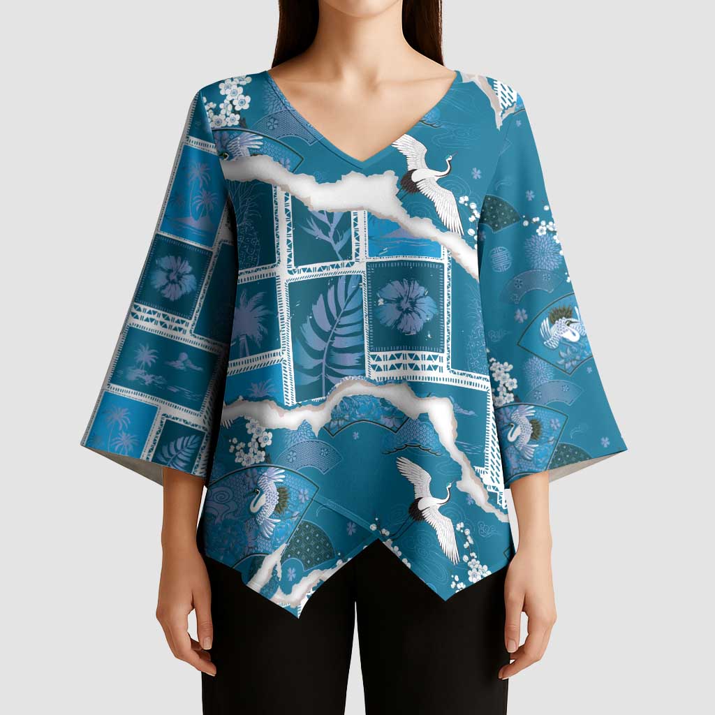 Hawaii Japanese Culture Blue Kimono Sleeve Blouse Spring Cranes Aloha Pattern