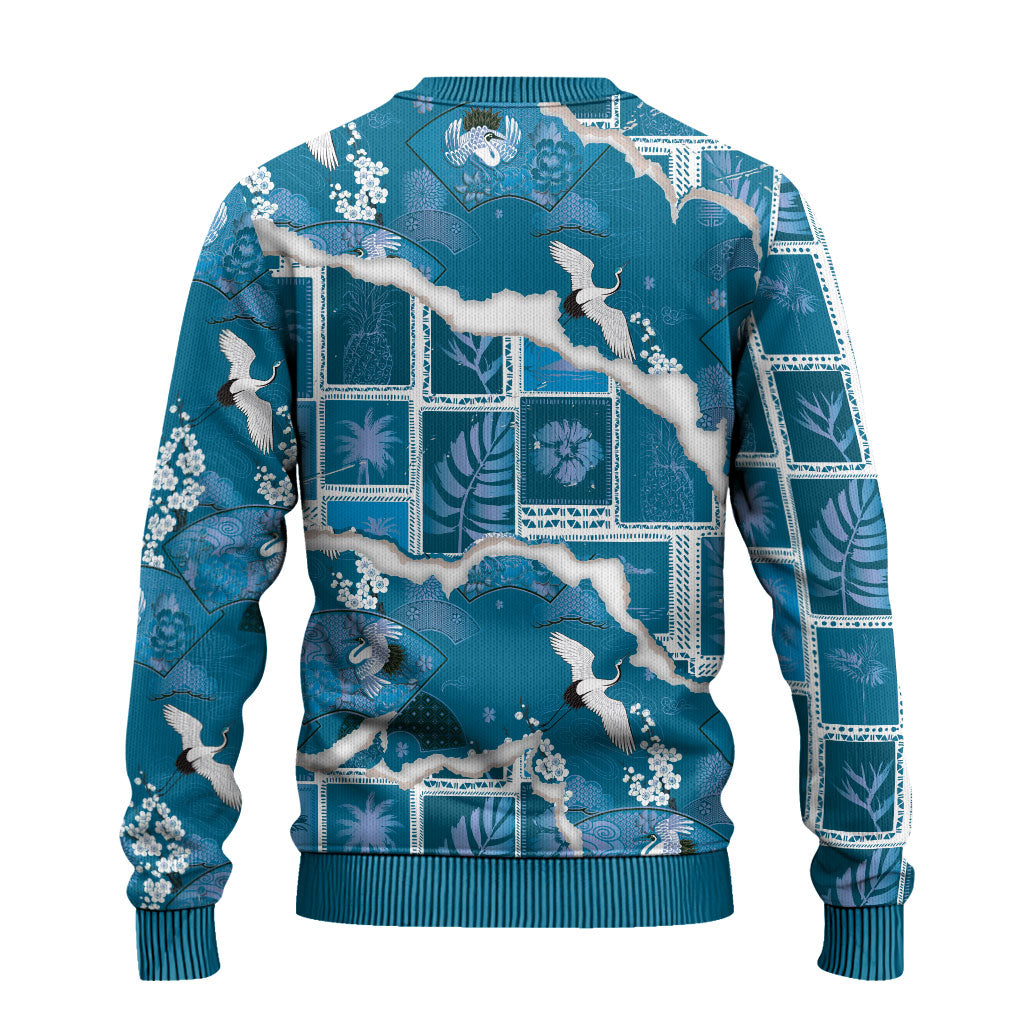 Hawaii Japanese Culture Blue Ugly Christmas Sweater Spring Cranes Aloha Pattern LT01 - Polynesian Pride