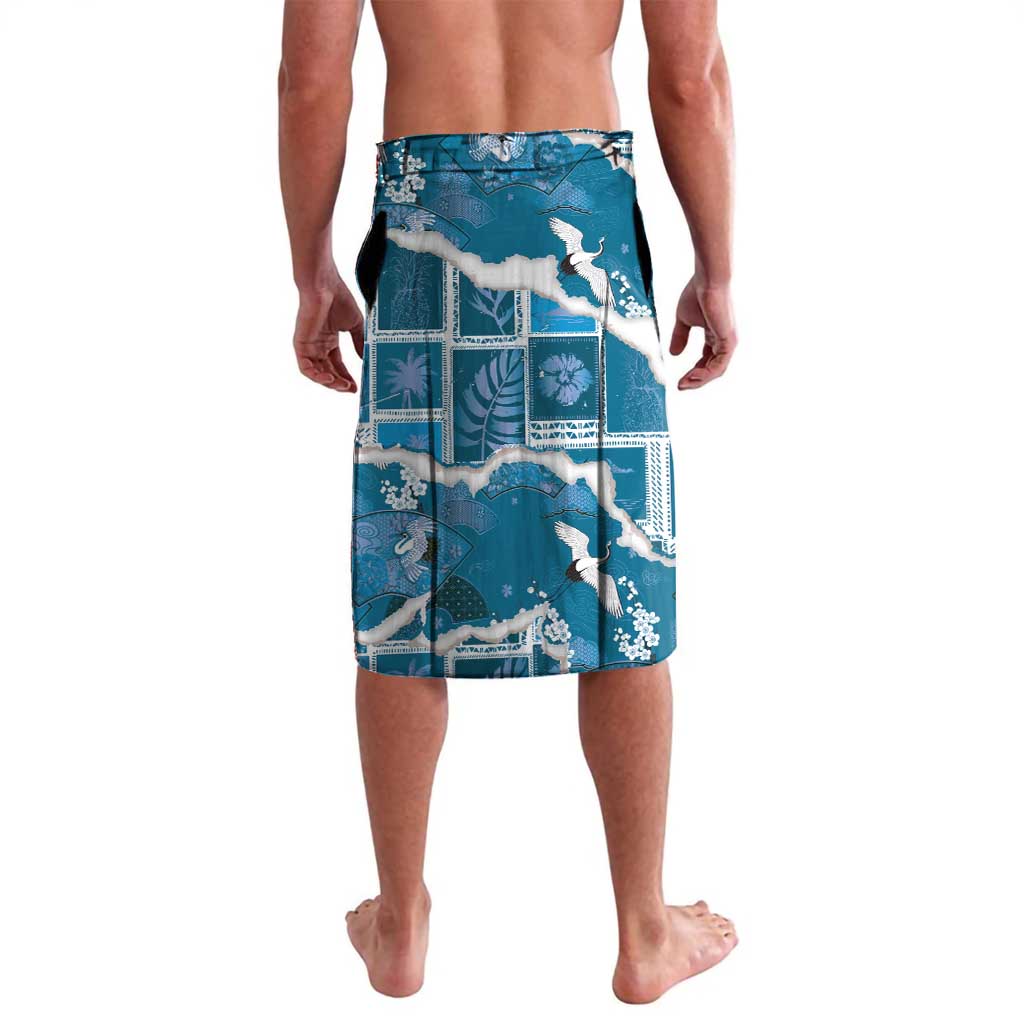 Hawaii Japanese Culture Blue Lavalava Spring Cranes Aloha Pattern