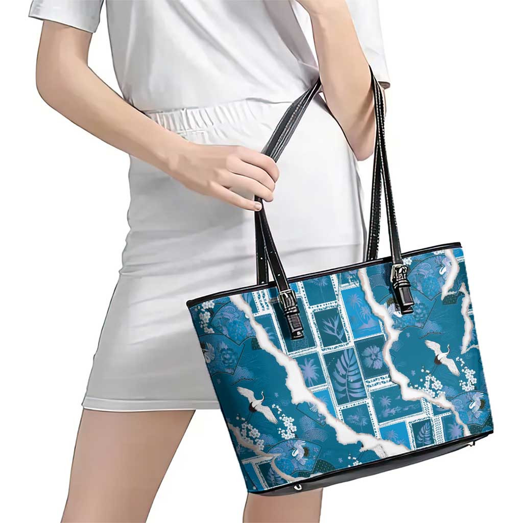 Hawaii Japanese Culture Blue Leather Tote Bag Spring Cranes Aloha Pattern