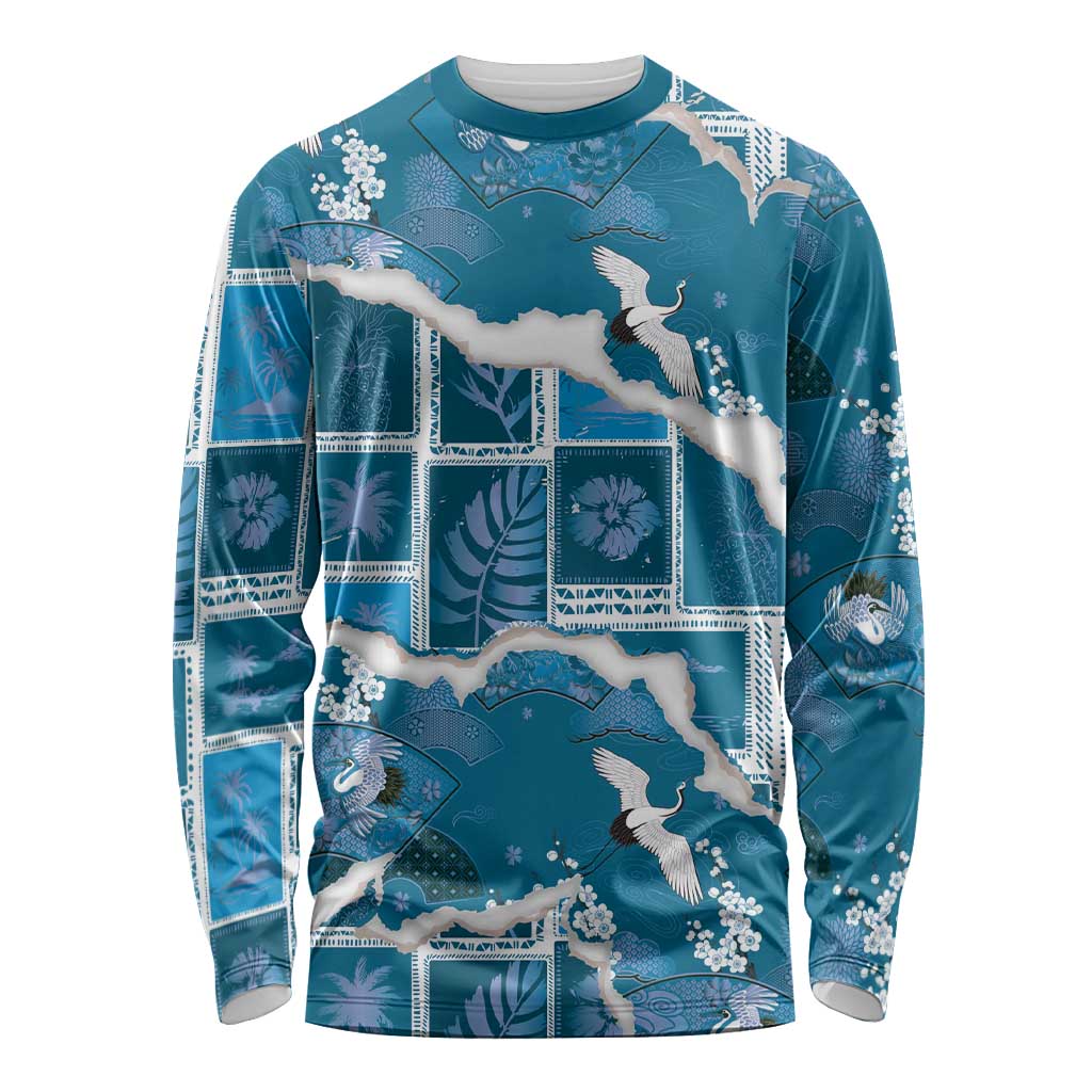 Hawaii Japanese Culture Blue Long Sleeve Shirt Spring Cranes Aloha Pattern