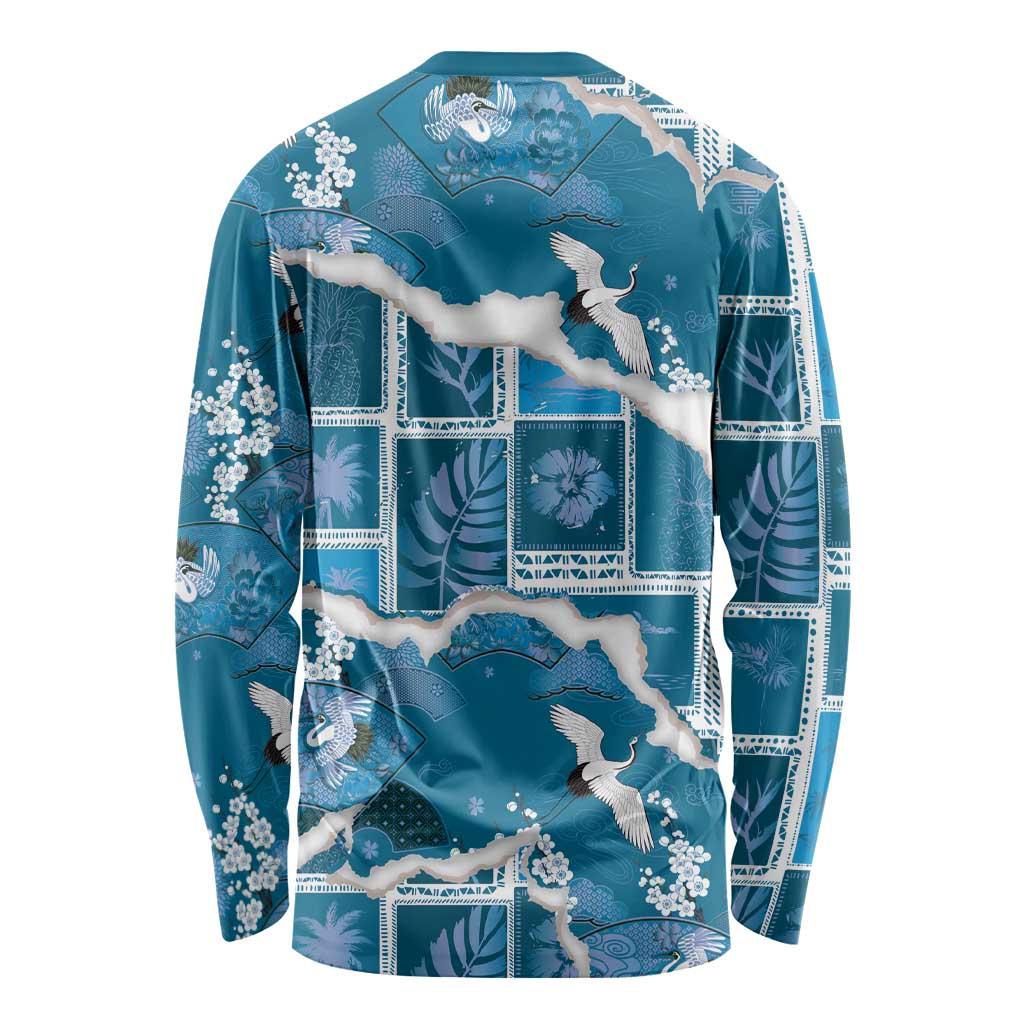 Hawaii Japanese Culture Blue Long Sleeve Shirt Spring Cranes Aloha Pattern