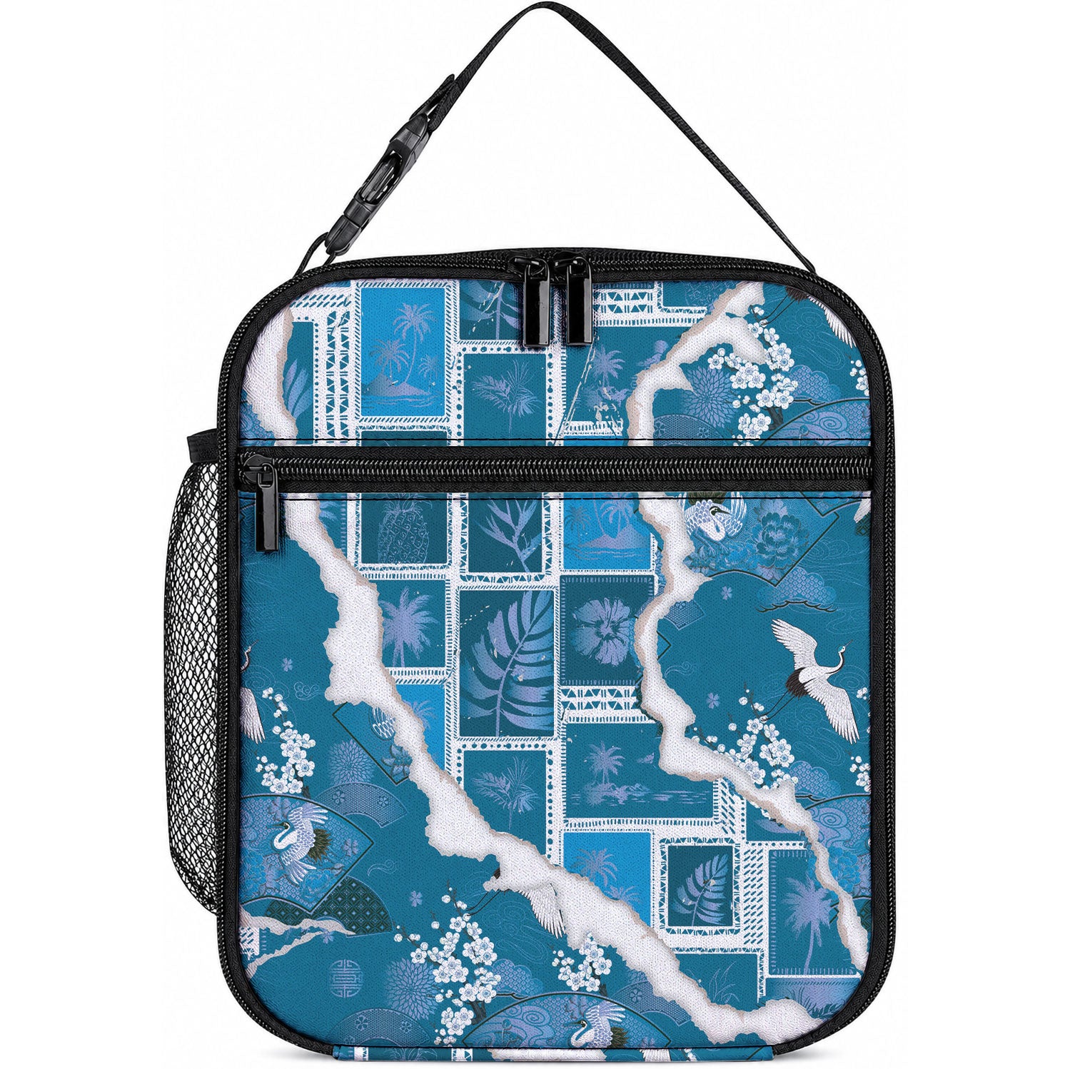 Hawaii Japanese Culture Blue Lunch Bag Spring Cranes Aloha Pattern LT01 10.2 × 8.3 × 4.3 inch Blue - Polynesian Pride