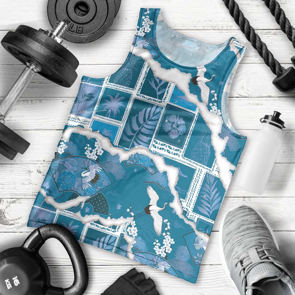 Hawaii Japanese Culture Blue Men Tank Top Spring Cranes Aloha Pattern