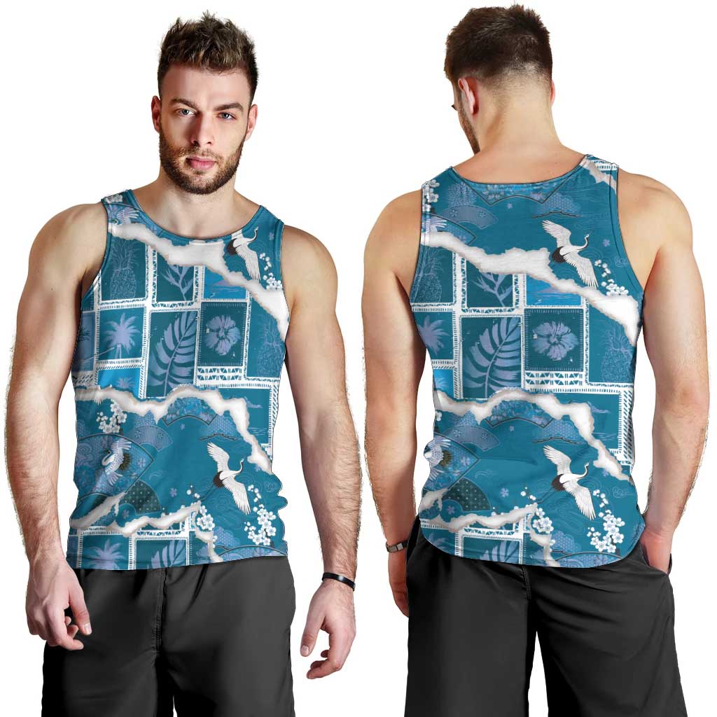 Hawaii Japanese Culture Blue Men Tank Top Spring Cranes Aloha Pattern