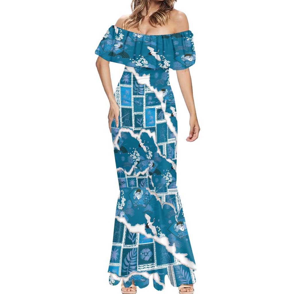 Hawaii Japanese Culture Blue Mermaid Dress Spring Cranes Aloha Pattern