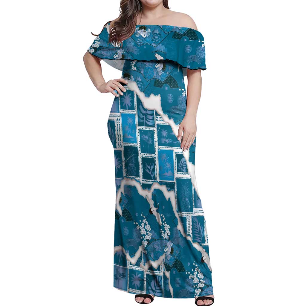 Hawaii Japanese Culture Blue Off Shoulder Maxi Dress Spring Cranes Aloha Pattern