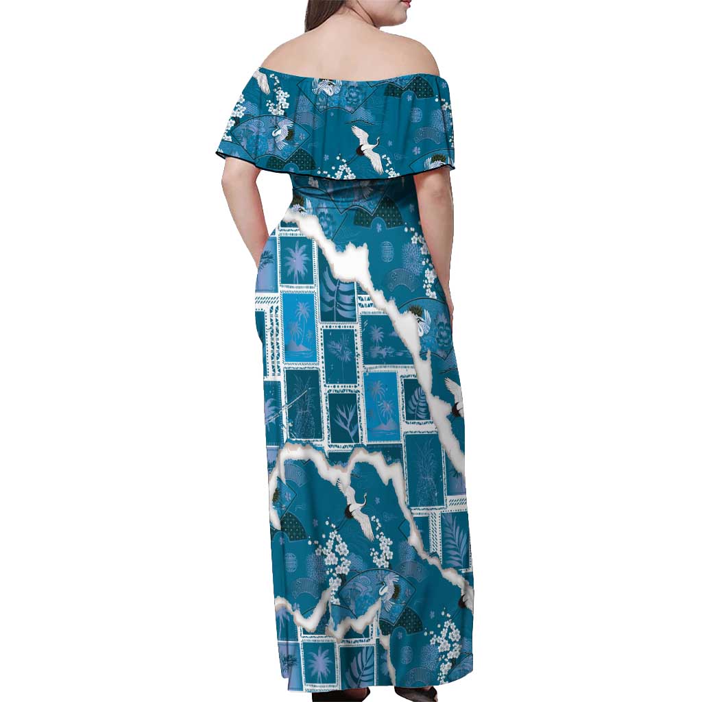 Hawaii Japanese Culture Blue Off Shoulder Maxi Dress Spring Cranes Aloha Pattern