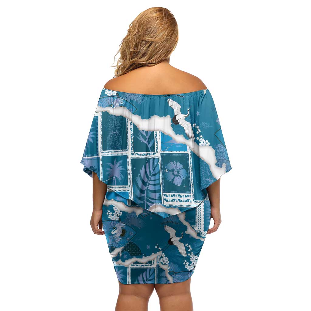 Hawaii Japanese Culture Blue Off Shoulder Short Dress Spring Cranes Aloha Pattern