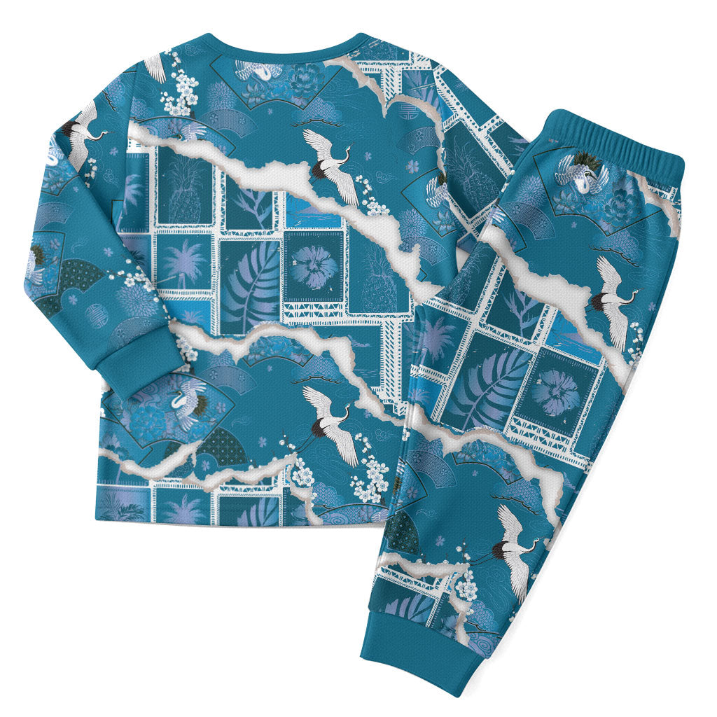Hawaii Japanese Culture Blue Christmas Pajama Set Spring Cranes Aloha Pattern LT01 - Polynesian Pride