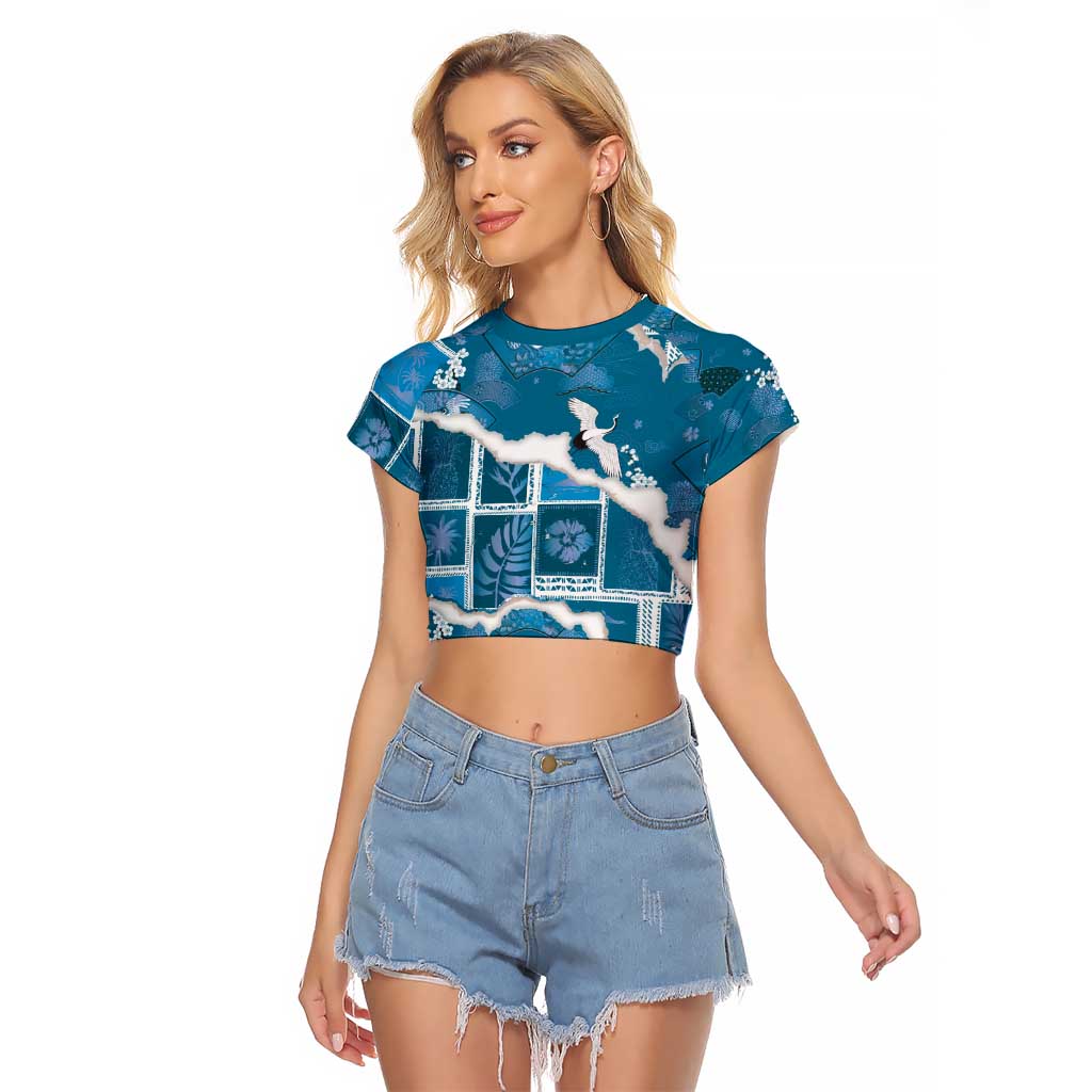 Hawaii Japanese Culture Blue Raglan Cropped T Shirt Spring Cranes Aloha Pattern