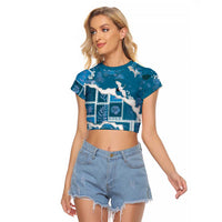 Hawaii Japanese Culture Blue Raglan Cropped T Shirt Spring Cranes Aloha Pattern