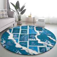 Hawaii Japanese Culture Blue Round Carpet Spring Cranes Aloha Pattern