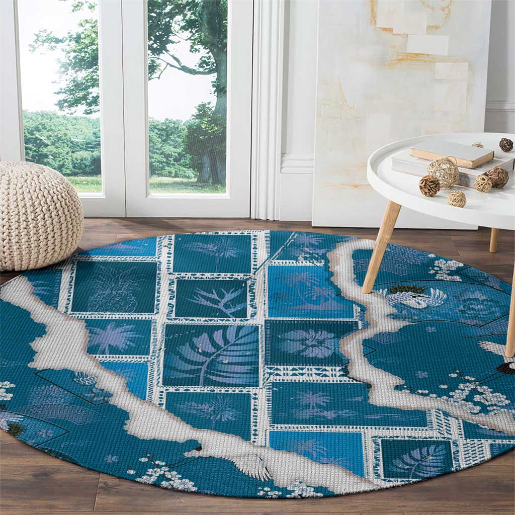 Hawaii Japanese Culture Blue Round Carpet Spring Cranes Aloha Pattern