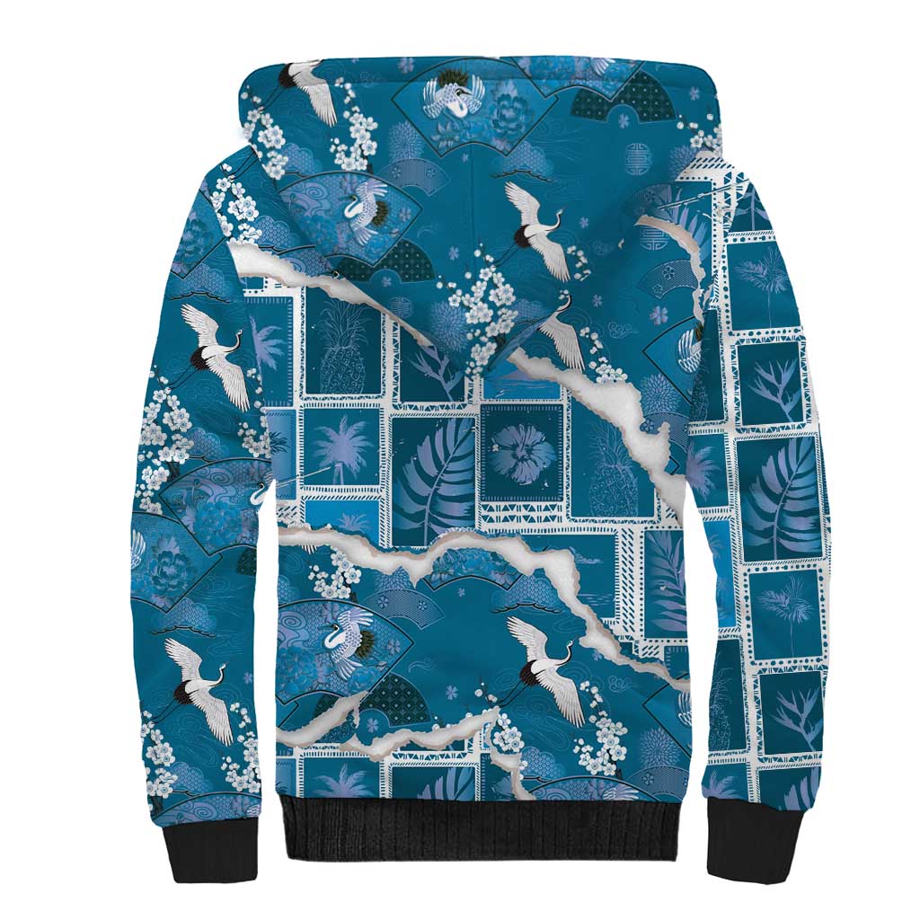 Hawaii Japanese Culture Blue Sherpa Hoodie Spring Cranes Aloha Pattern