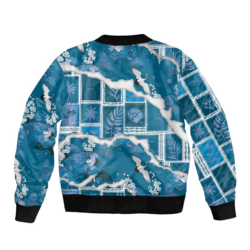 Hawaii Japanese Culture Blue Sleeve Zip Bomber Jacket Spring Cranes Aloha Pattern