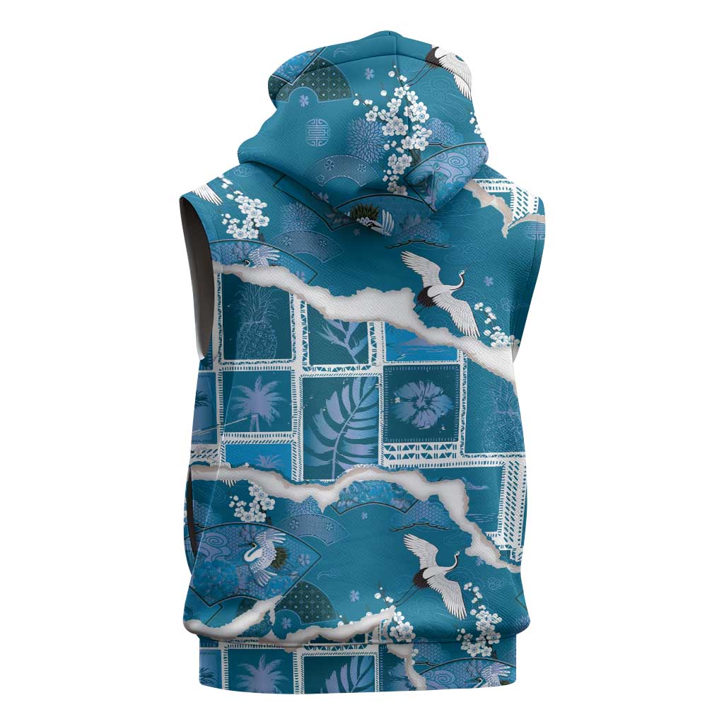 Hawaii Japanese Culture Blue Sleeveless Hoodie Spring Cranes Aloha Pattern