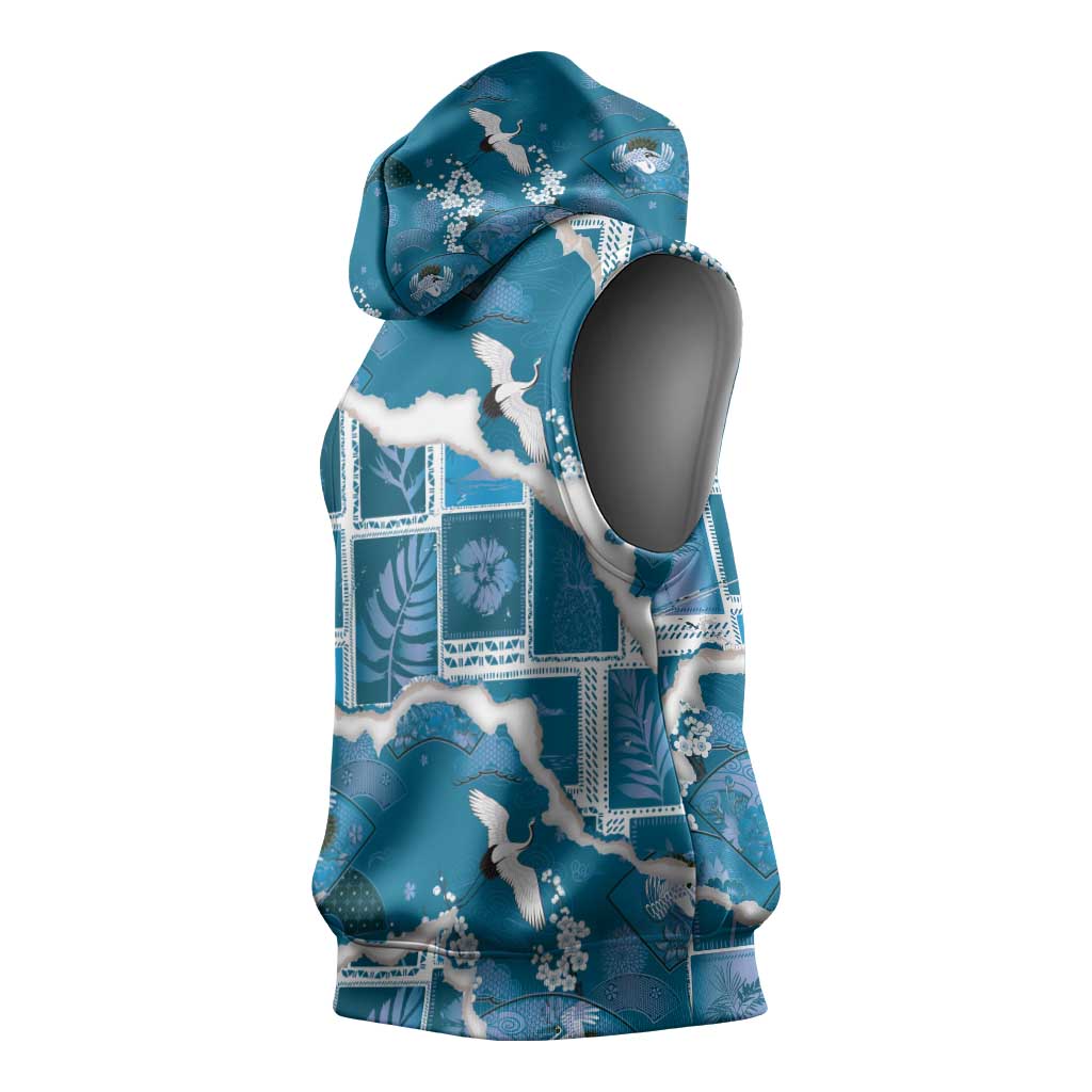 Hawaii Japanese Culture Blue Sleeveless Hoodie Spring Cranes Aloha Pattern