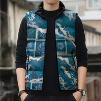 Hawaii Japanese Culture Blue Sleeveless Puffer Jacket Spring Cranes Aloha Pattern