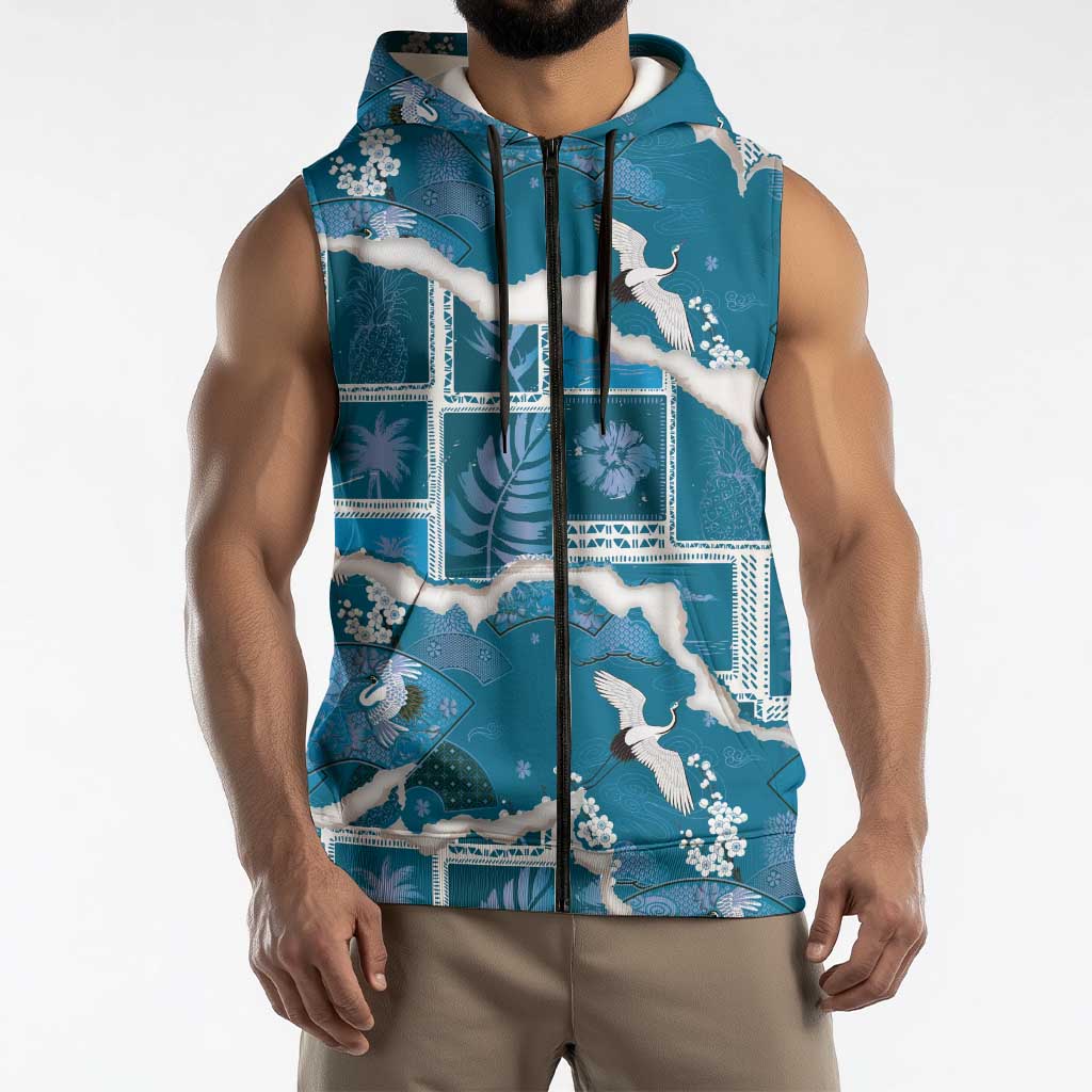 Hawaii Japanese Culture Blue Sleeveless Zip Hoodie Spring Cranes Aloha Pattern