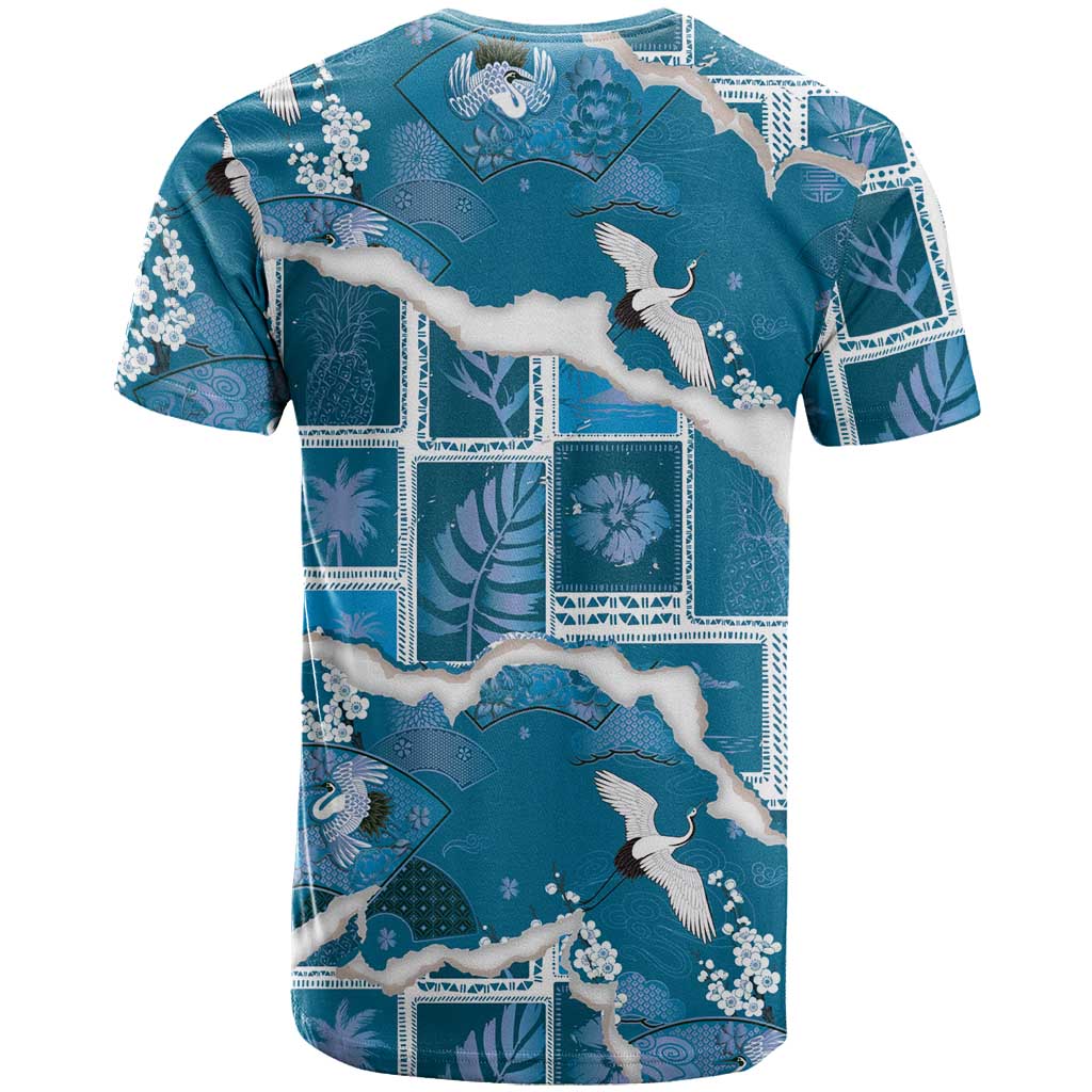 Hawaii Japanese Culture Blue T Shirt Spring Cranes Aloha Pattern