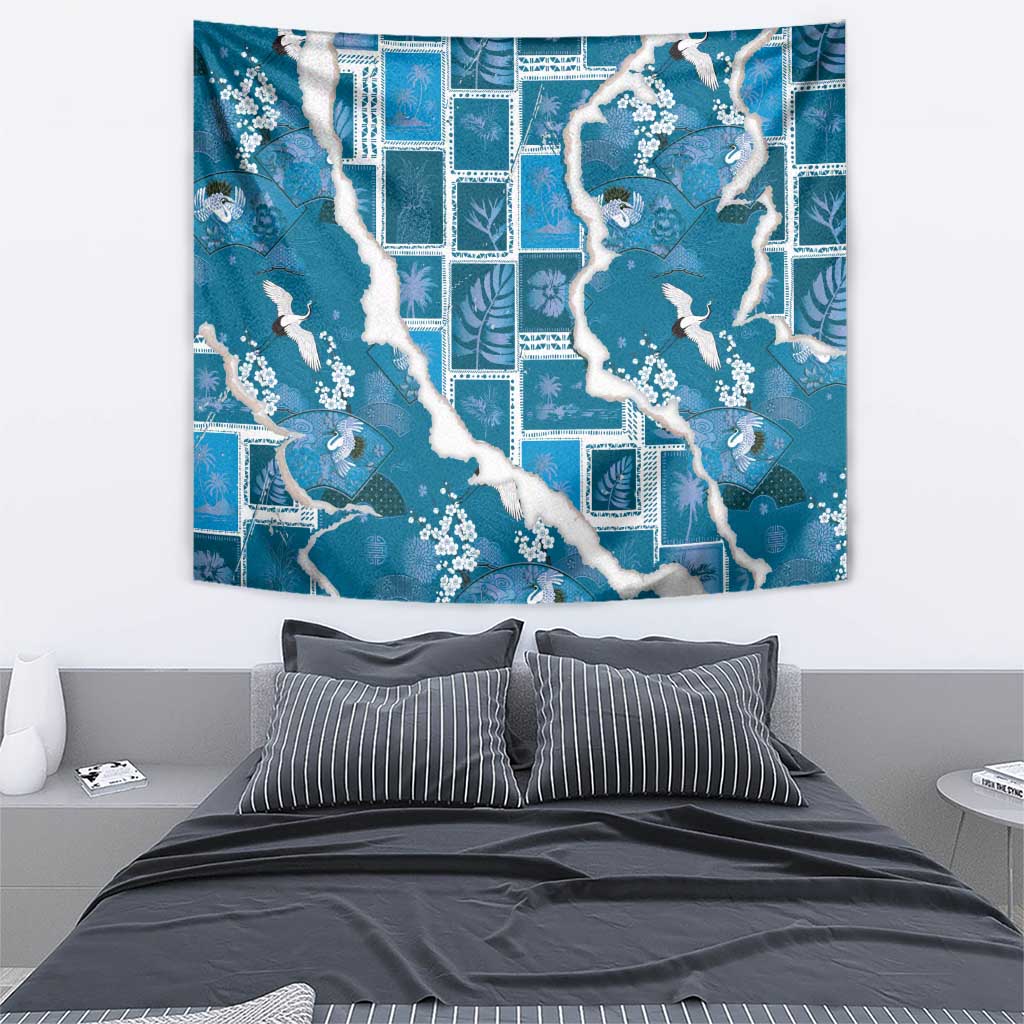Hawaii Japanese Culture Blue Tapestry Spring Cranes Aloha Pattern