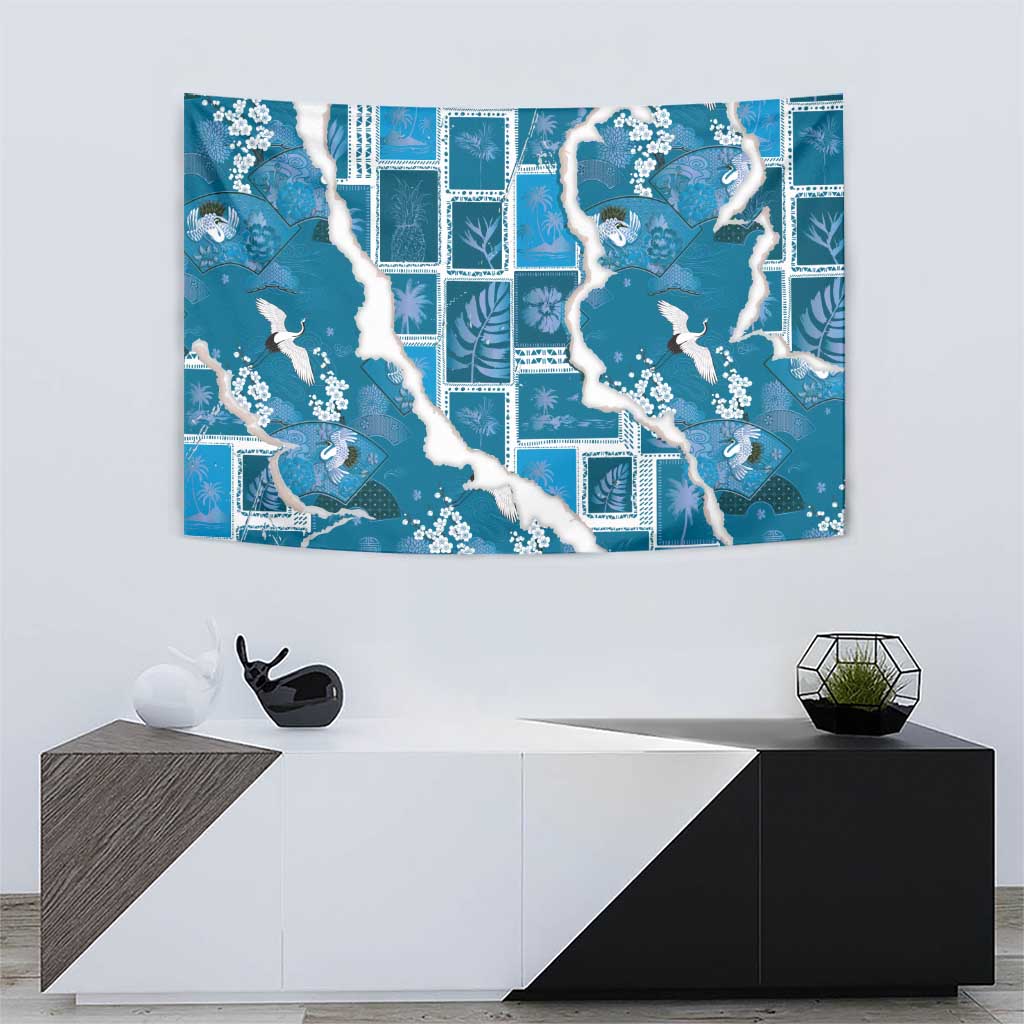 Hawaii Japanese Culture Blue Tapestry Spring Cranes Aloha Pattern