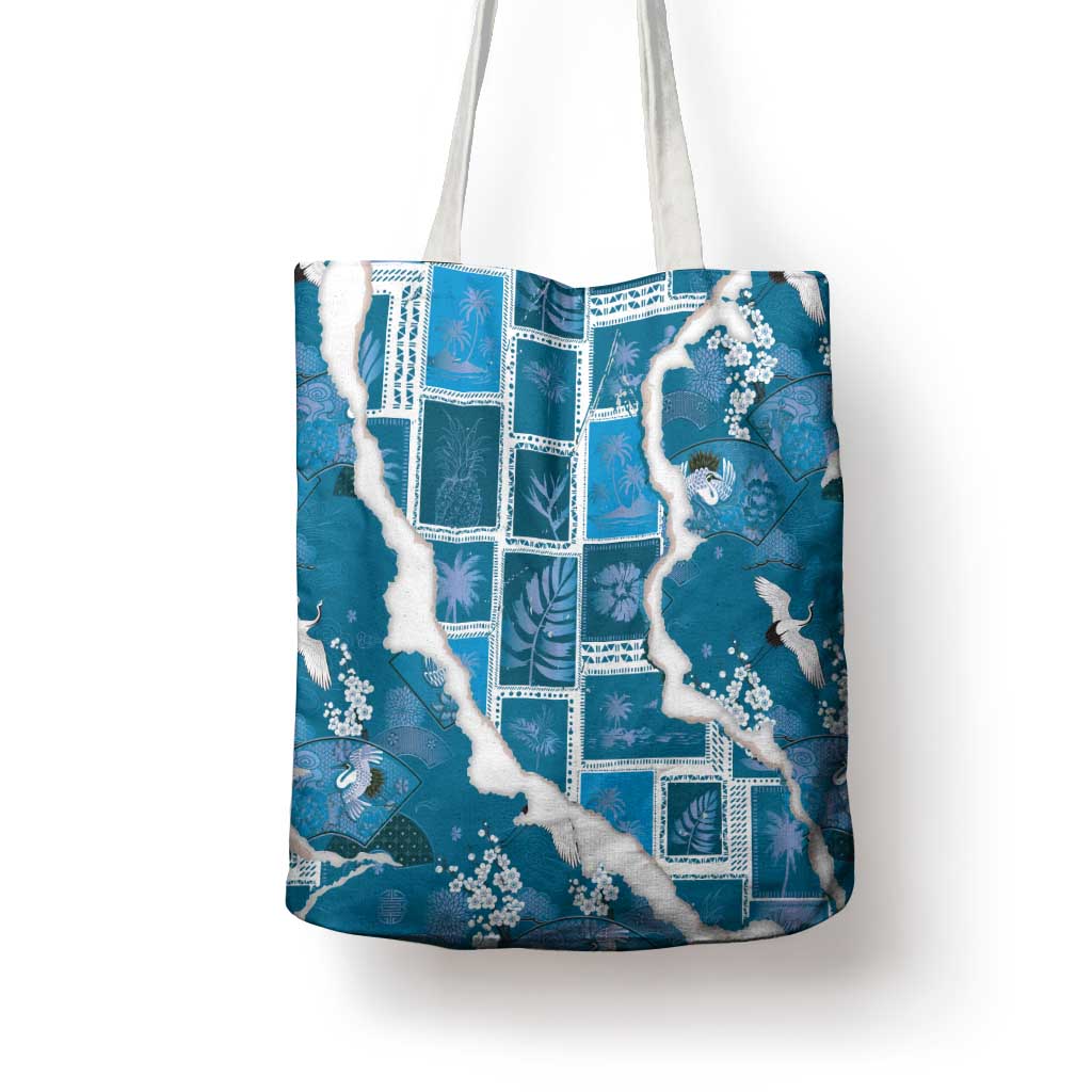 Hawaii Japanese Culture Blue Tote Bag Spring Cranes Aloha Pattern