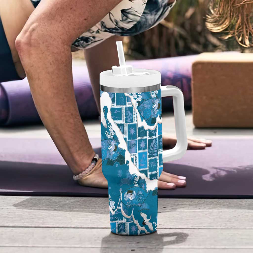 Hawaii Japanese Culture Blue Tumbler With Handle Spring Cranes Aloha Pattern