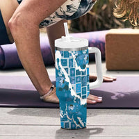 Hawaii Japanese Culture Blue Tumbler With Handle Spring Cranes Aloha Pattern