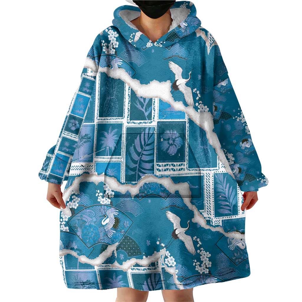 Hawaii Japanese Culture Blue Wearable Blanket Hoodie Spring Cranes Aloha Pattern