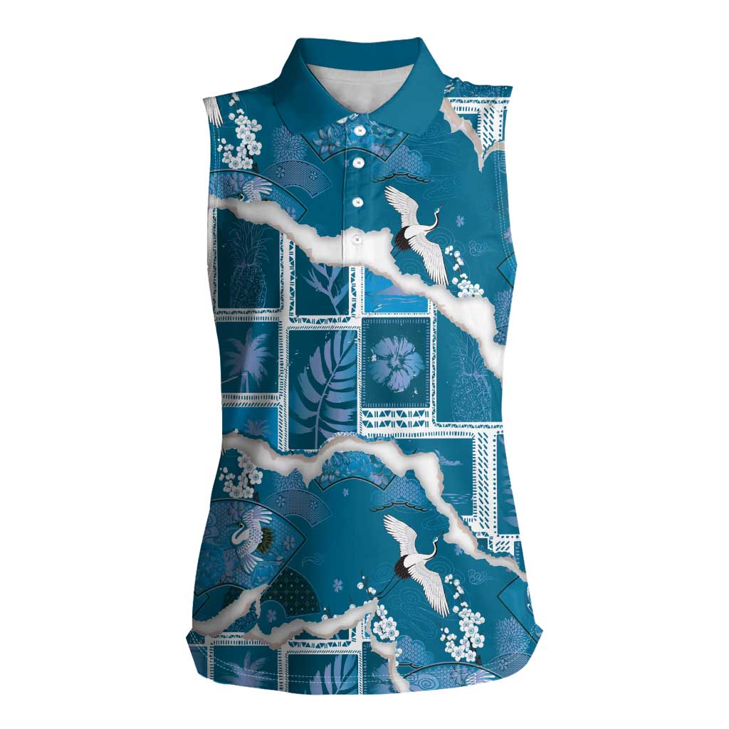 Hawaii Japanese Culture Blue Women Sleeveless Polo Shirt Spring Cranes Aloha Pattern