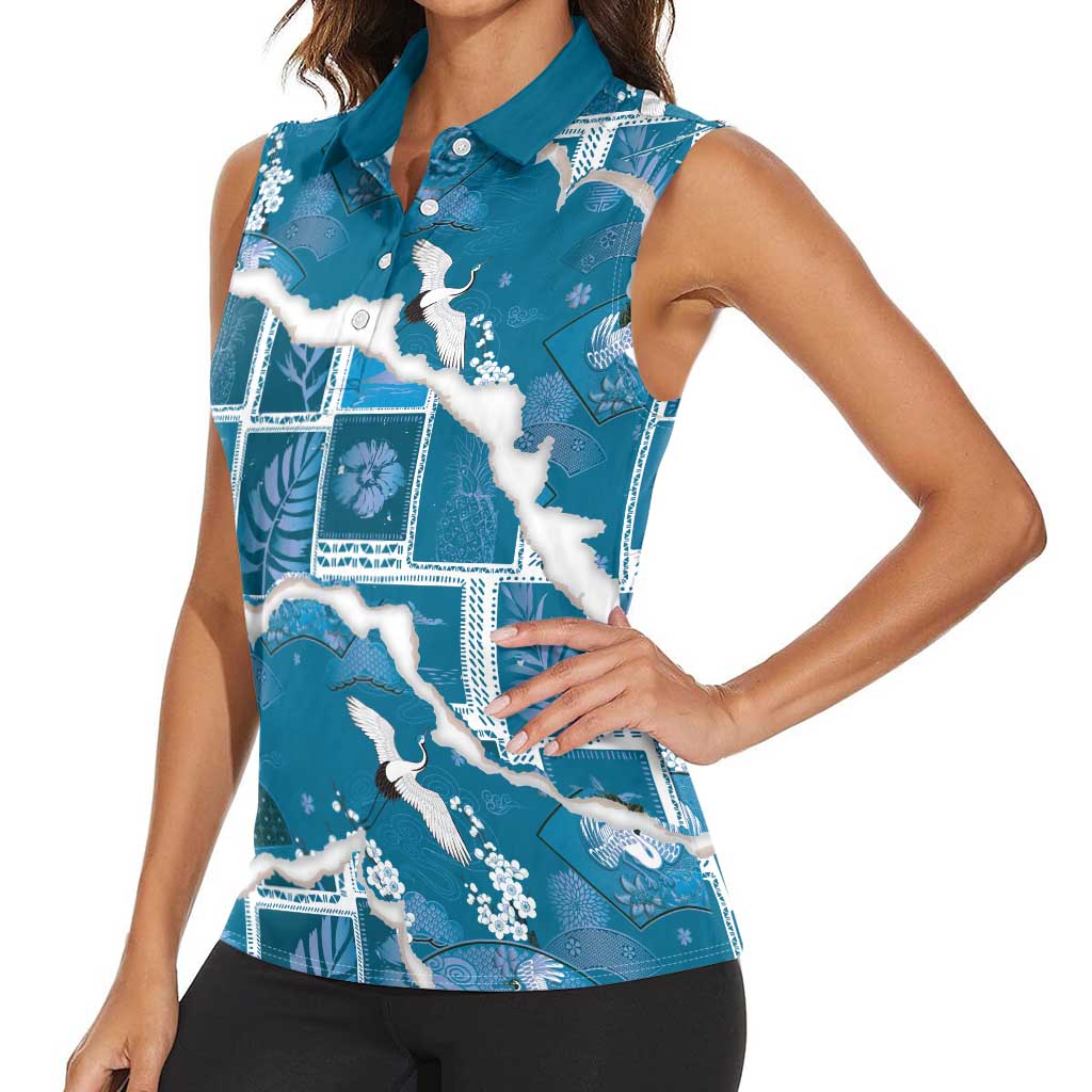 Hawaii Japanese Culture Blue Women Sleeveless Polo Shirt Spring Cranes Aloha Pattern
