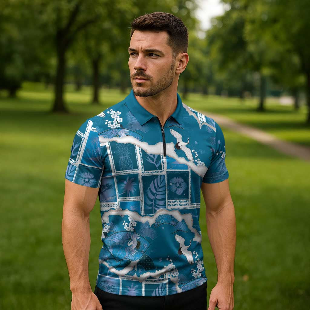 Hawaii Japanese Culture Blue Zipper Polo Shirt Spring Cranes Aloha Pattern