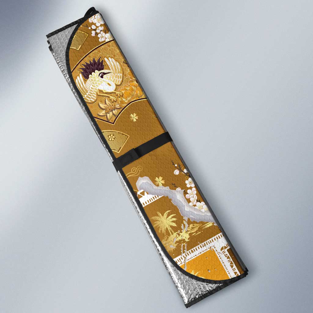 Hawaii Japanese Culture Gold Auto Sun Shade Spring Cranes Aloha Pattern