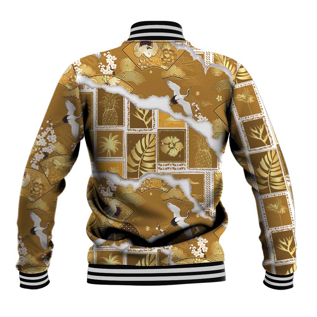 Hawaii Japanese Culture Gold Baseball Jacket Spring Cranes Aloha Pattern