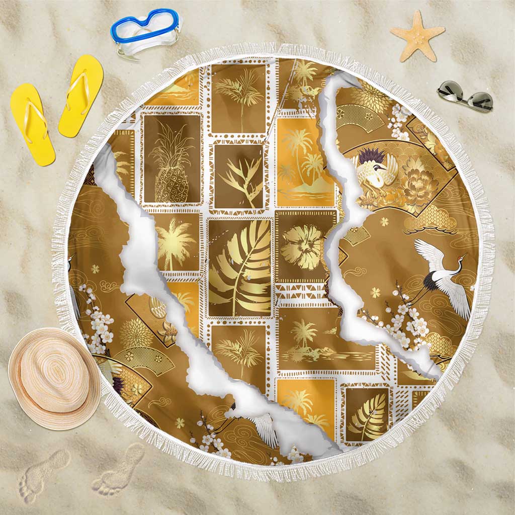 Hawaii Japanese Culture Gold Beach Blanket Spring Cranes Aloha Pattern
