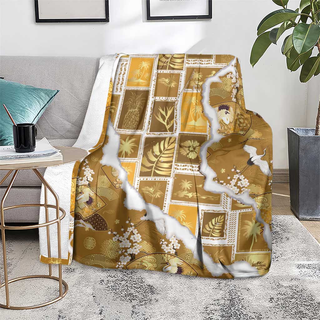 Hawaii Japanese Culture Gold Blanket Spring Cranes Aloha Pattern