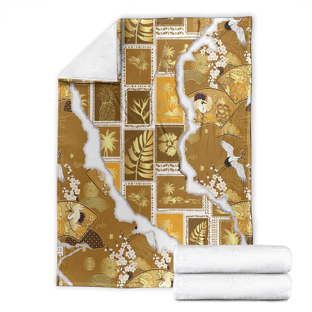 Hawaii Japanese Culture Gold Blanket Spring Cranes Aloha Pattern