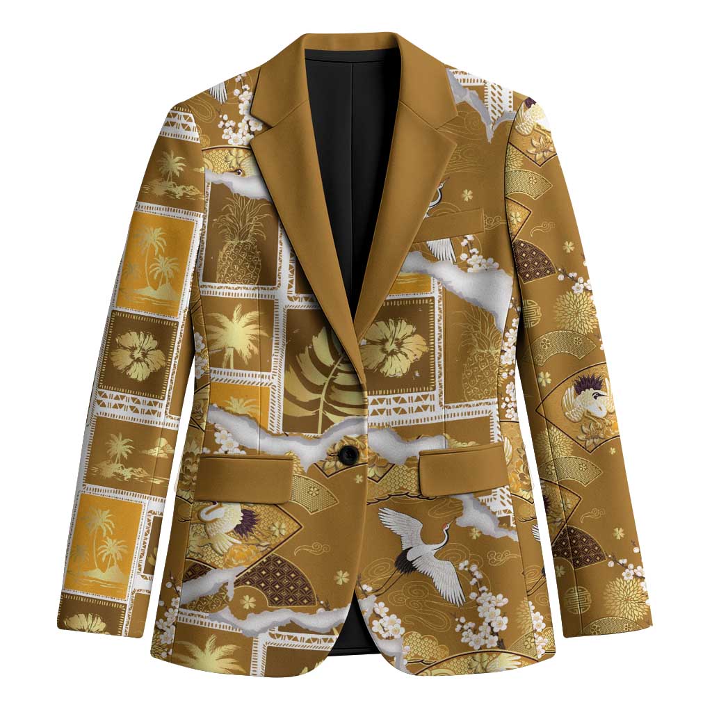 Hawaii Japanese Culture Gold Blazer Spring Cranes Aloha Pattern